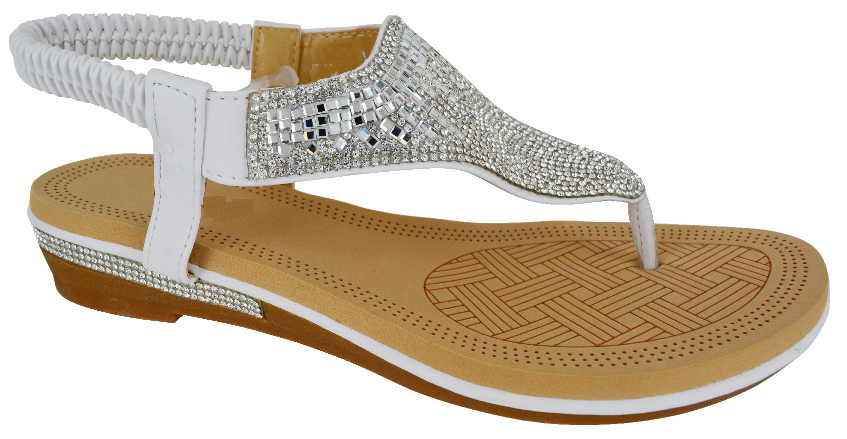 WOMENS LADIES FLAT LOW HEEL DIAMANTE TOE POST DRESSY PARTY SUMMER